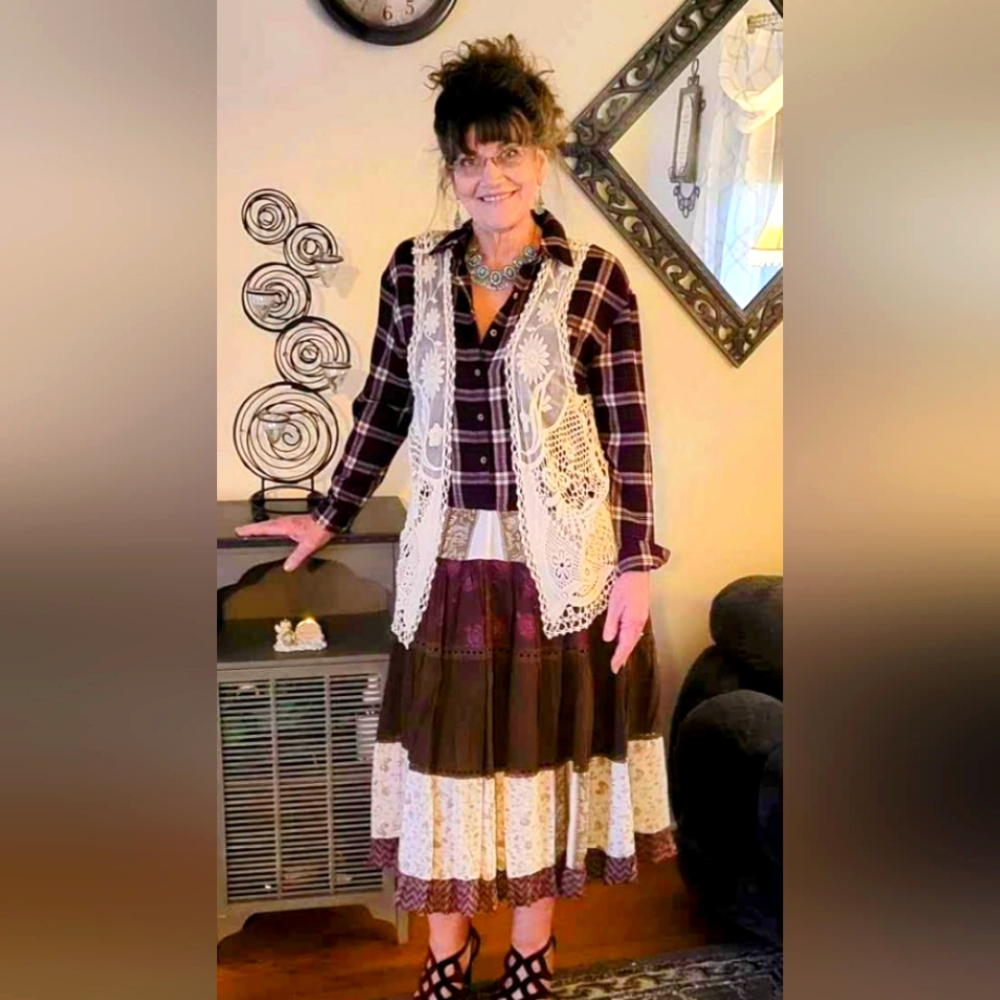 Redneck Princess ladies Boho style flannel dress sz M with crochet cover up